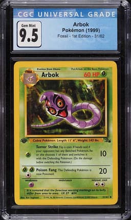 1999 Pokemon Fossil 1st Edition Arbok #31 CGC 9.5 GEM MINT