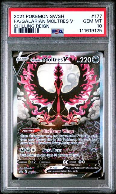 2021 #177 Full Art/Galarian Moltres V PSA 10 Sword & Shield Chilling Reign Pokemon